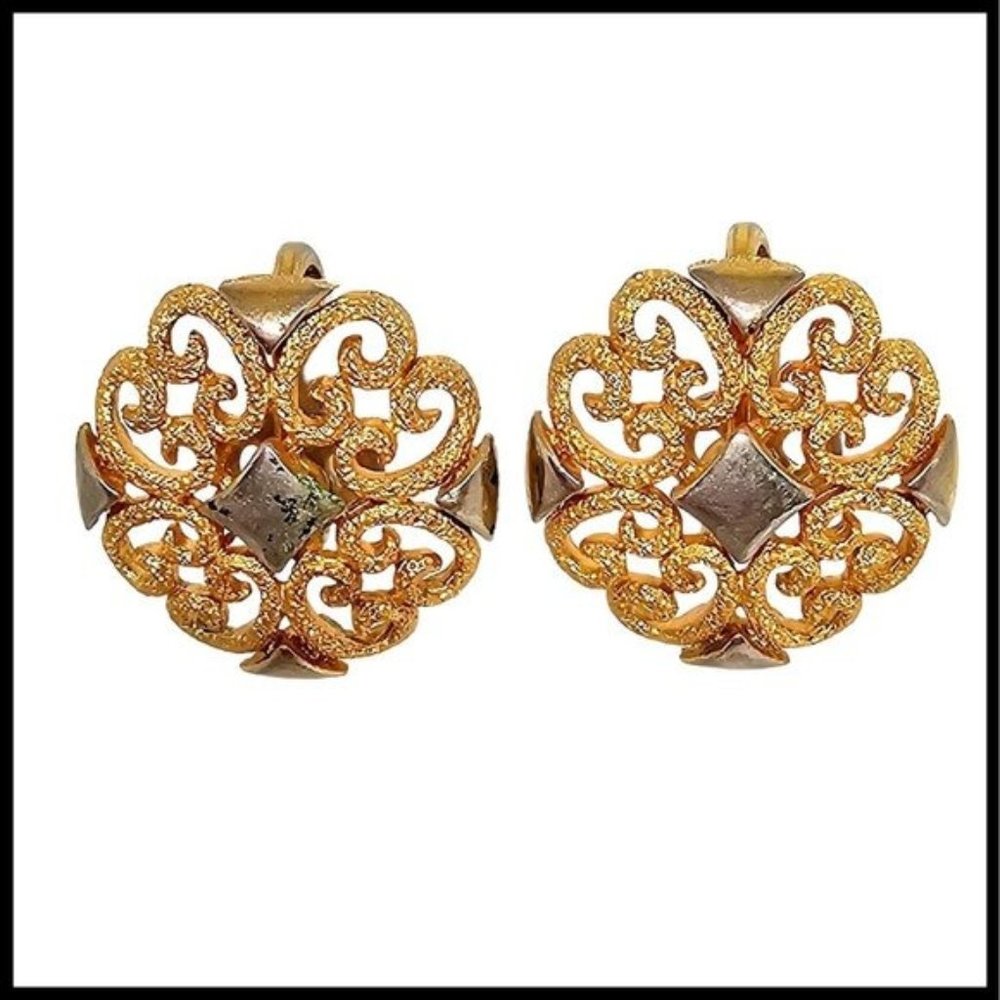 Vintage signed Avon Gold Tone Round Openwork Clip On Earrings Statement Filigree